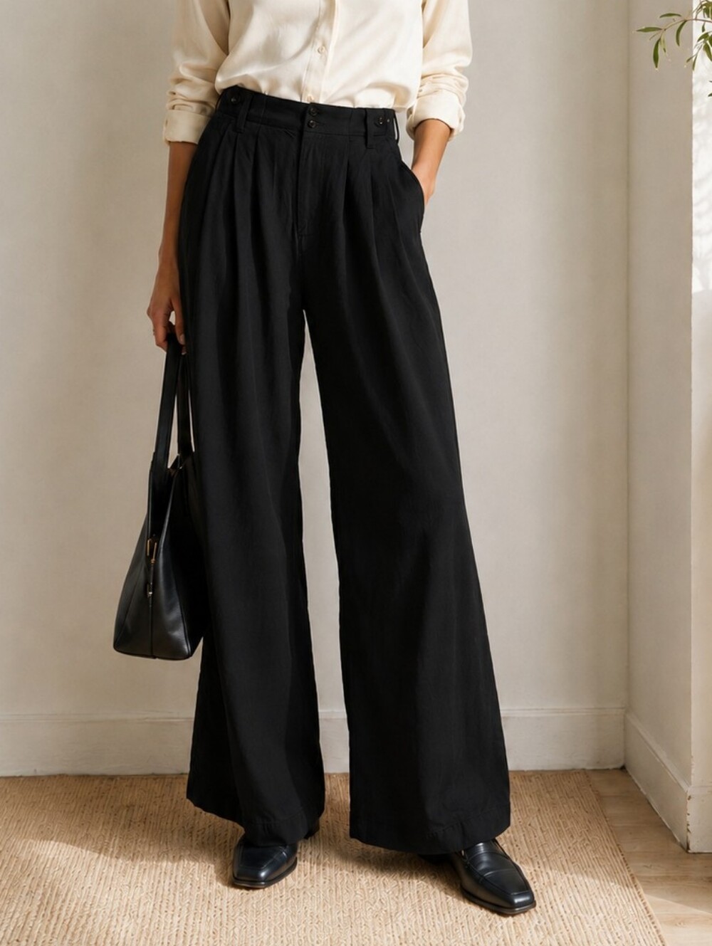 Madewell Petite Harlow Wide Leg Pants 4P Black Tencel Quiet Luxury Trousers